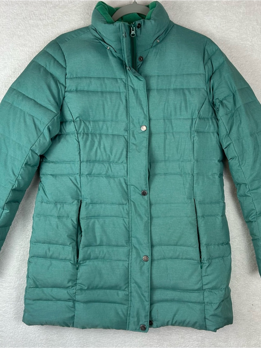 Lands' End Teal Long Quilted Puffer Jacket women size small snap button